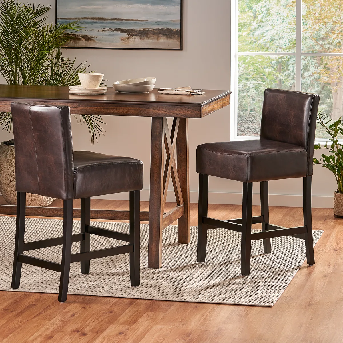 26 - inch Brown Leather Counter stools (Set of 2) — view 3