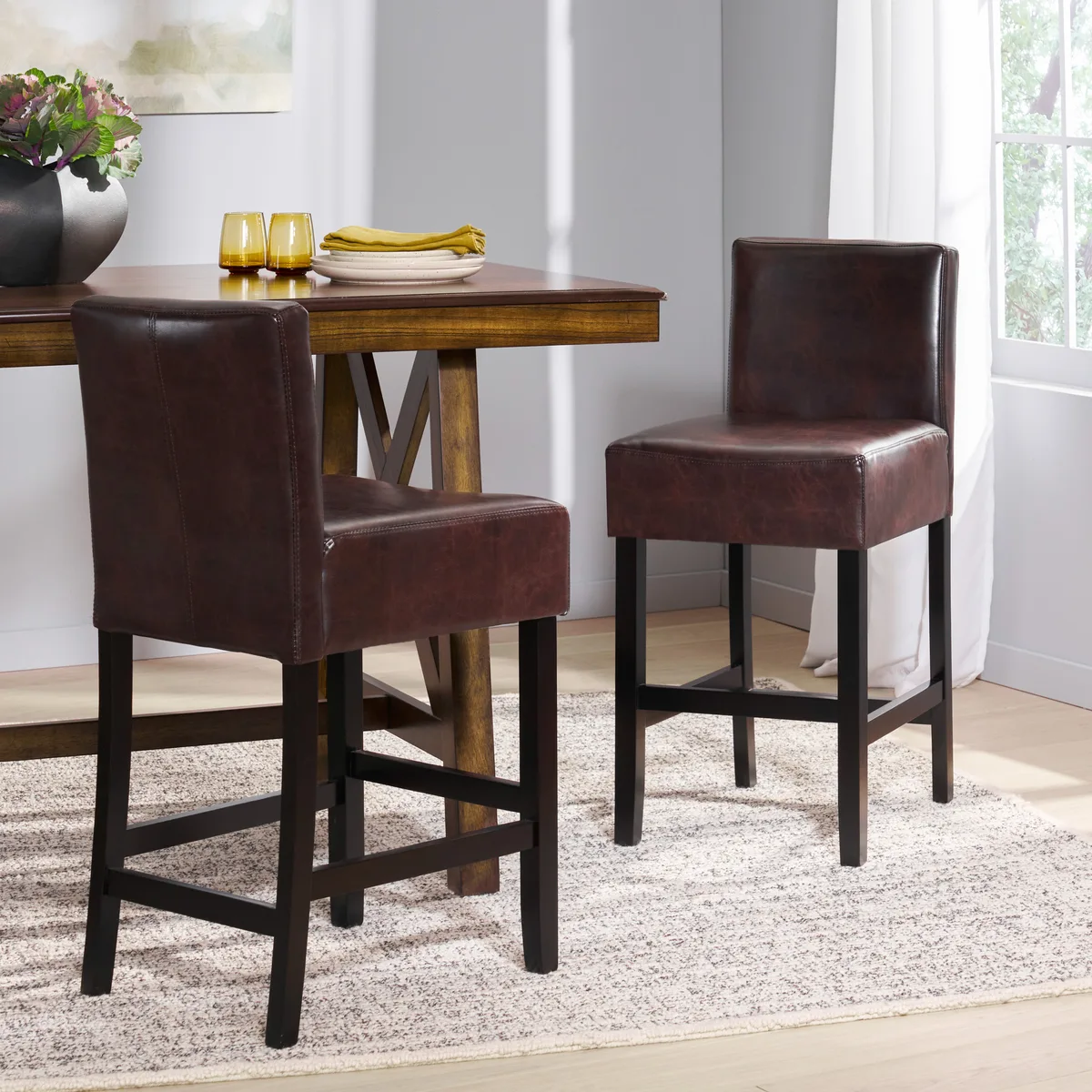 26 - inch Brown Leather Counter stools (Set of 2) — view 4