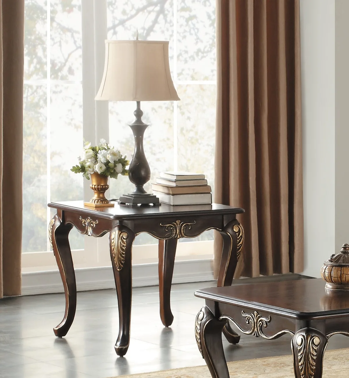 1pc Formal Traditional End Table Dark Cherry Finish with Gold Tipping Elegant — view 3
