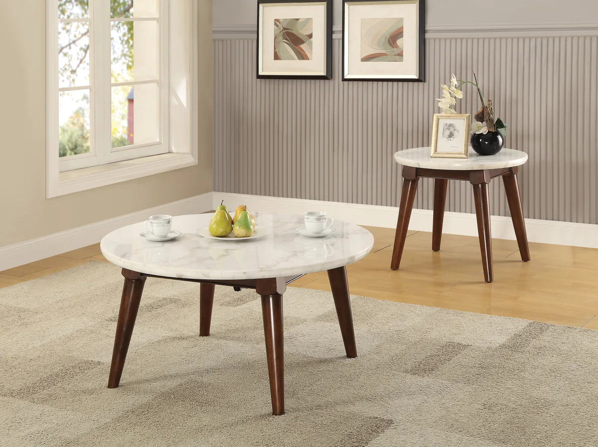 Gasha White Marble Top Coffee Table with Walnut Legs — view 2
