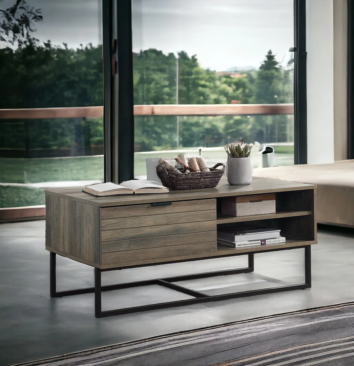 Homare Rustic Oak & Black Finish Coffee Table — view 1