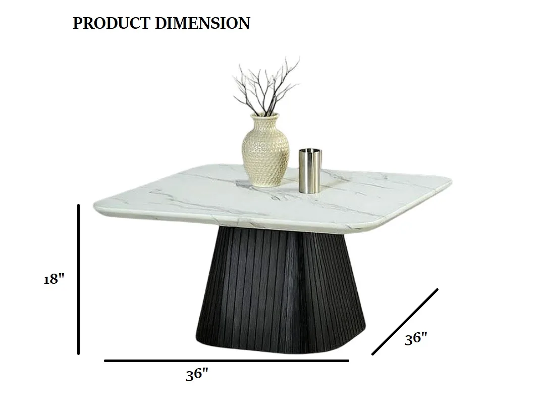 Contemporary Style Square Coffee Table Faux Marble Top Reeded Drum Base Black — view 3