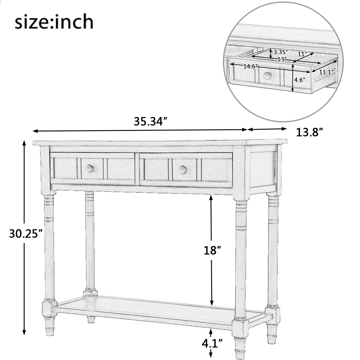 TREXM Daisy Series Console Table Traditional Design with Two Drawers and Bottom — view 3