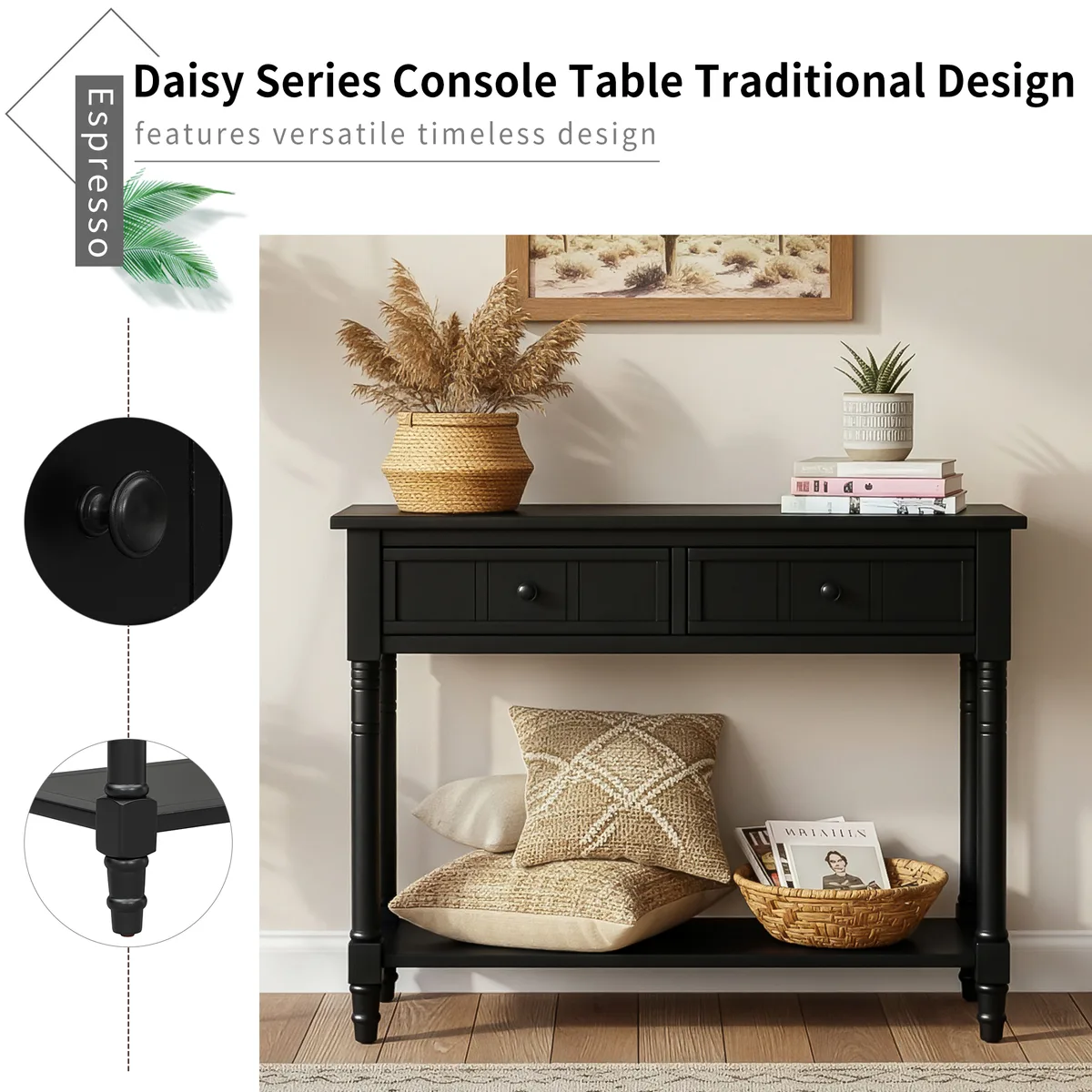 TREXM Daisy Series Console Table Traditional Design with Two Drawers and Bottom — view 4