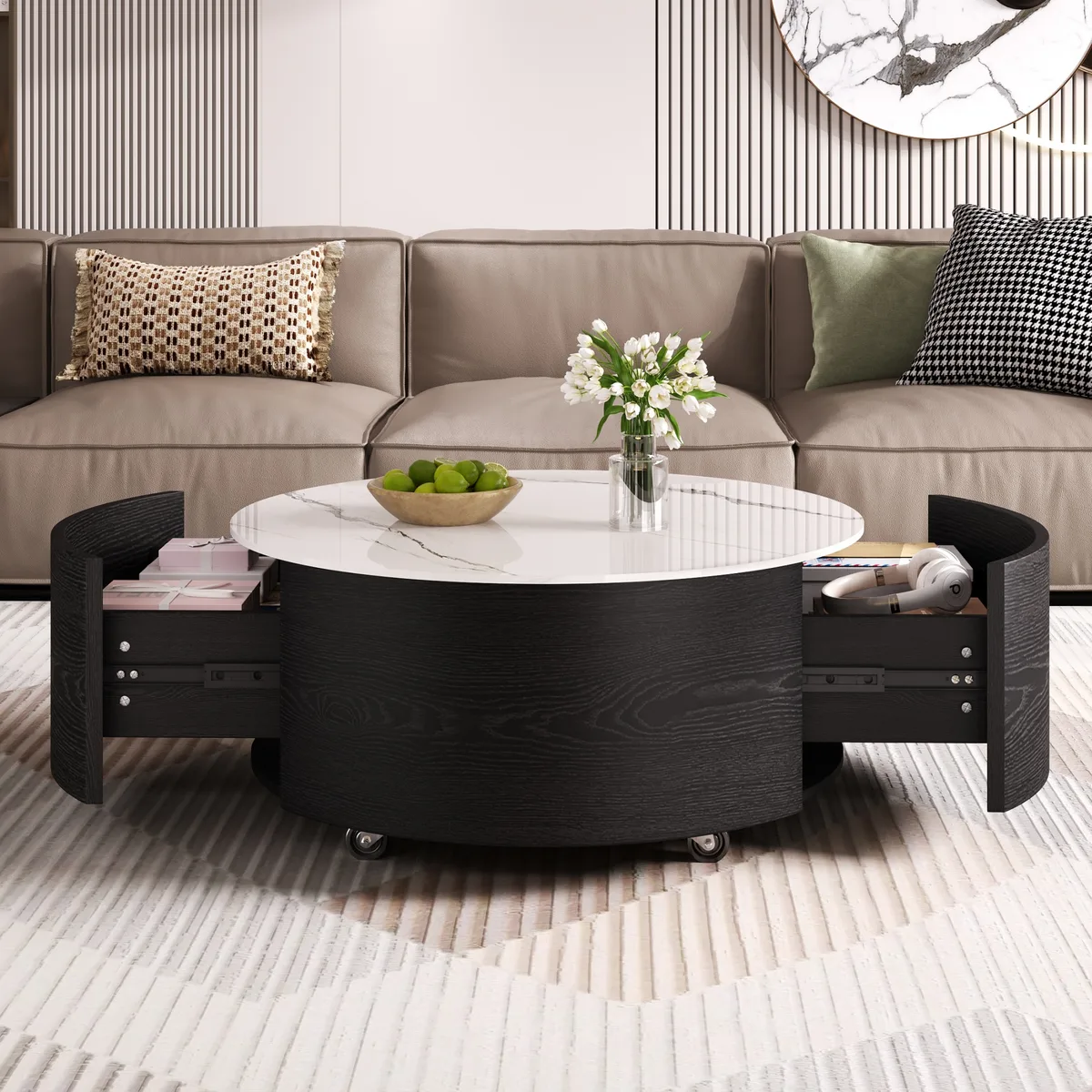 Modern Round Movable Coffee Table with Casters — view 3
