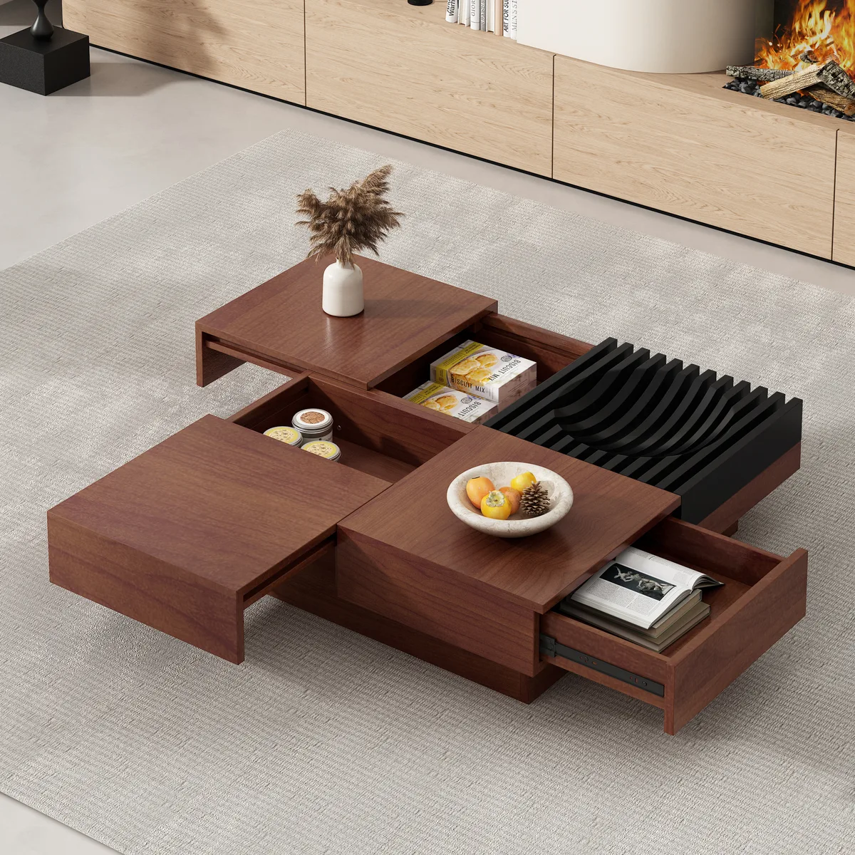 Italian Retro - Inspired Acacia Wood Storage Coffee Table,Brown & Black Color — view 1