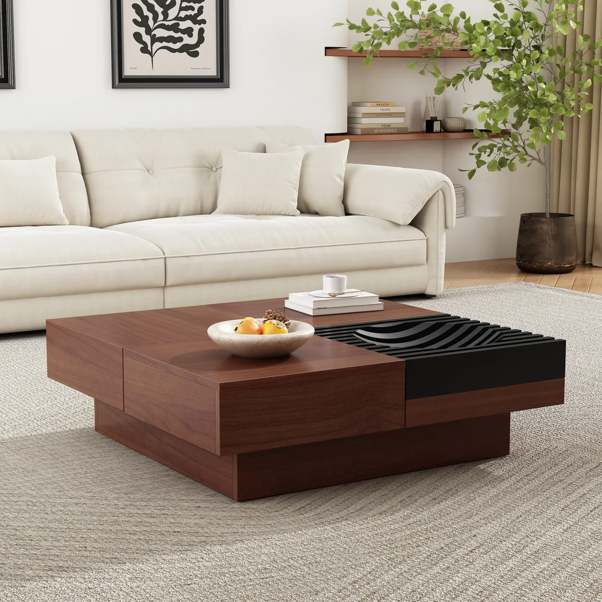 Italian Retro - Inspired Acacia Wood Storage Coffee Table,Brown & Black Color — view 2
