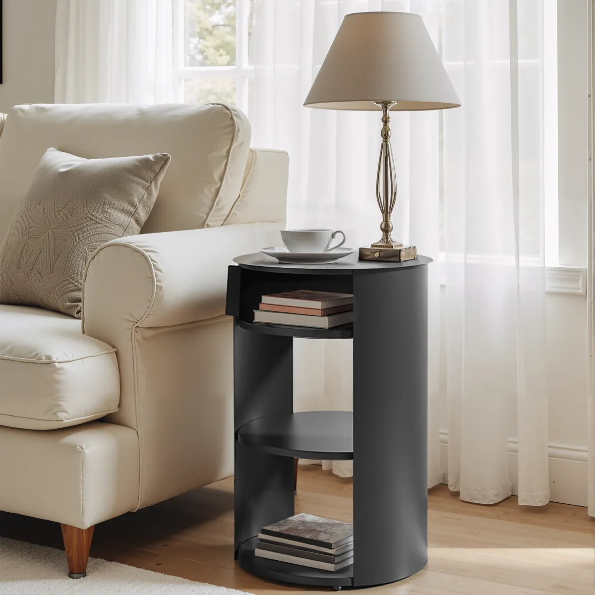Indoor 3 - Tier Metal Round Side Table with Sliding Door Cabinet, Matte Black — view 1