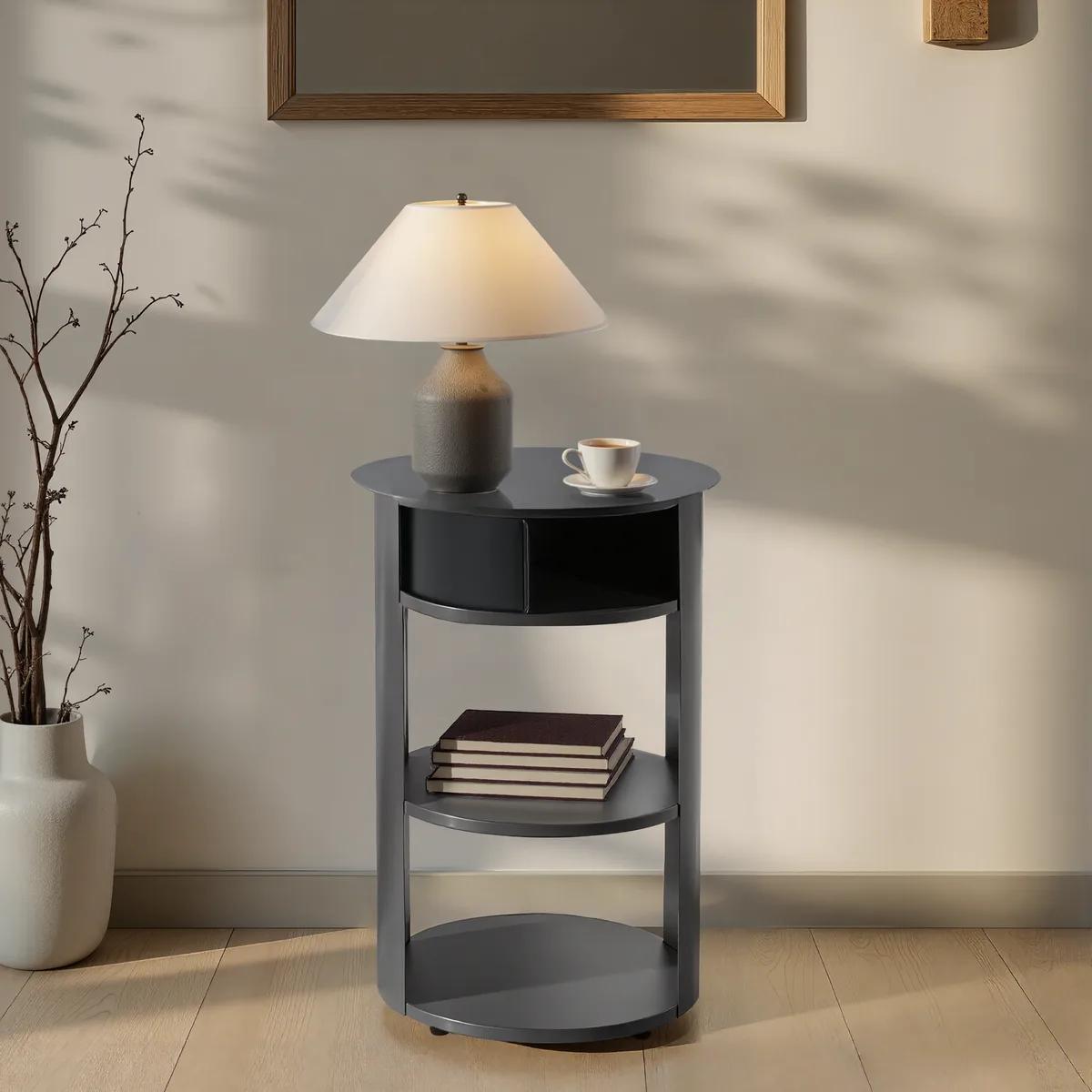 Indoor 3 - Tier Metal Round Side Table with Sliding Door Cabinet, Matte Black — view 2