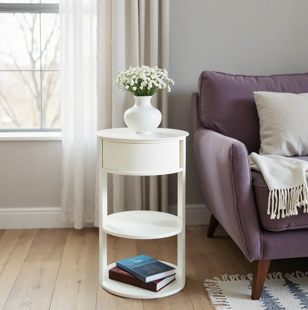 Indoor 3 - Tier Metal Round Side Table with Sliding Door Cabinet, Matte White — view 1