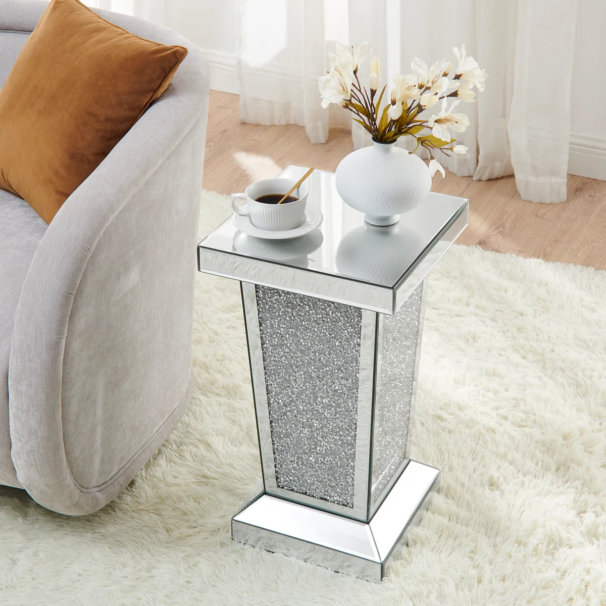 Silver Mirrored End Table with Crystal Inlay — view 2