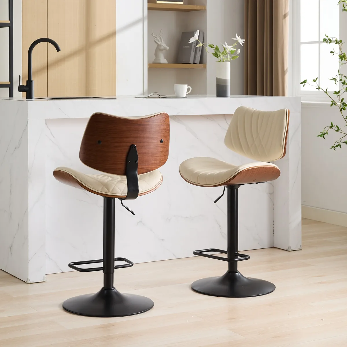 Walnut Bentwood Bar Stools Mid Century Modern Adjustable Counter Height Black — view 1