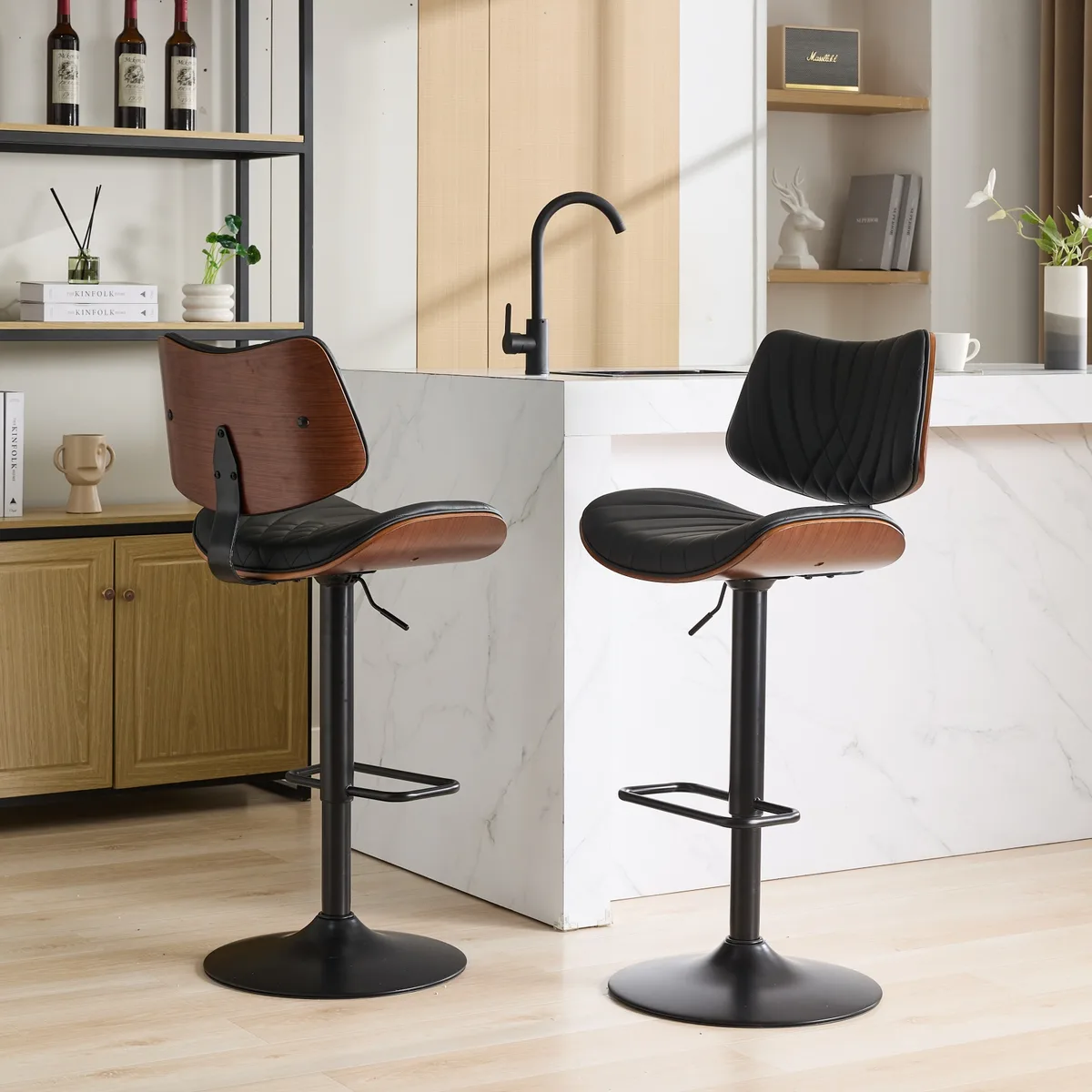Walnut Bentwood Bar Stools Mid Century Modern Adjustable Counter Height Black — view 1