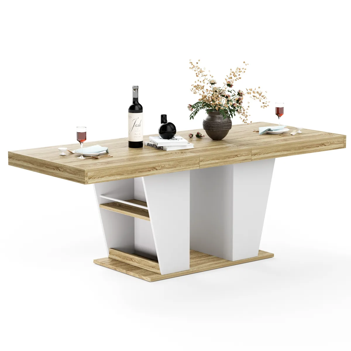 Extendable Dining Table with Storage, Natural Wood, Seats 8, Rectangular — view 1