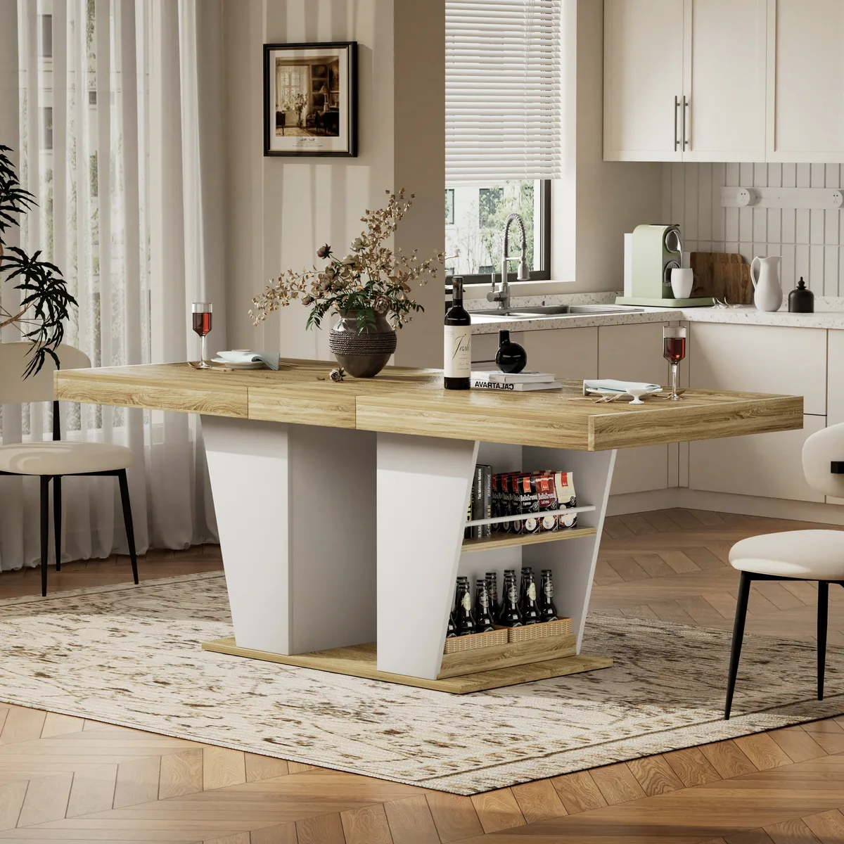 Extendable Dining Table with Storage, Natural Wood, Seats 8, Rectangular — view 3