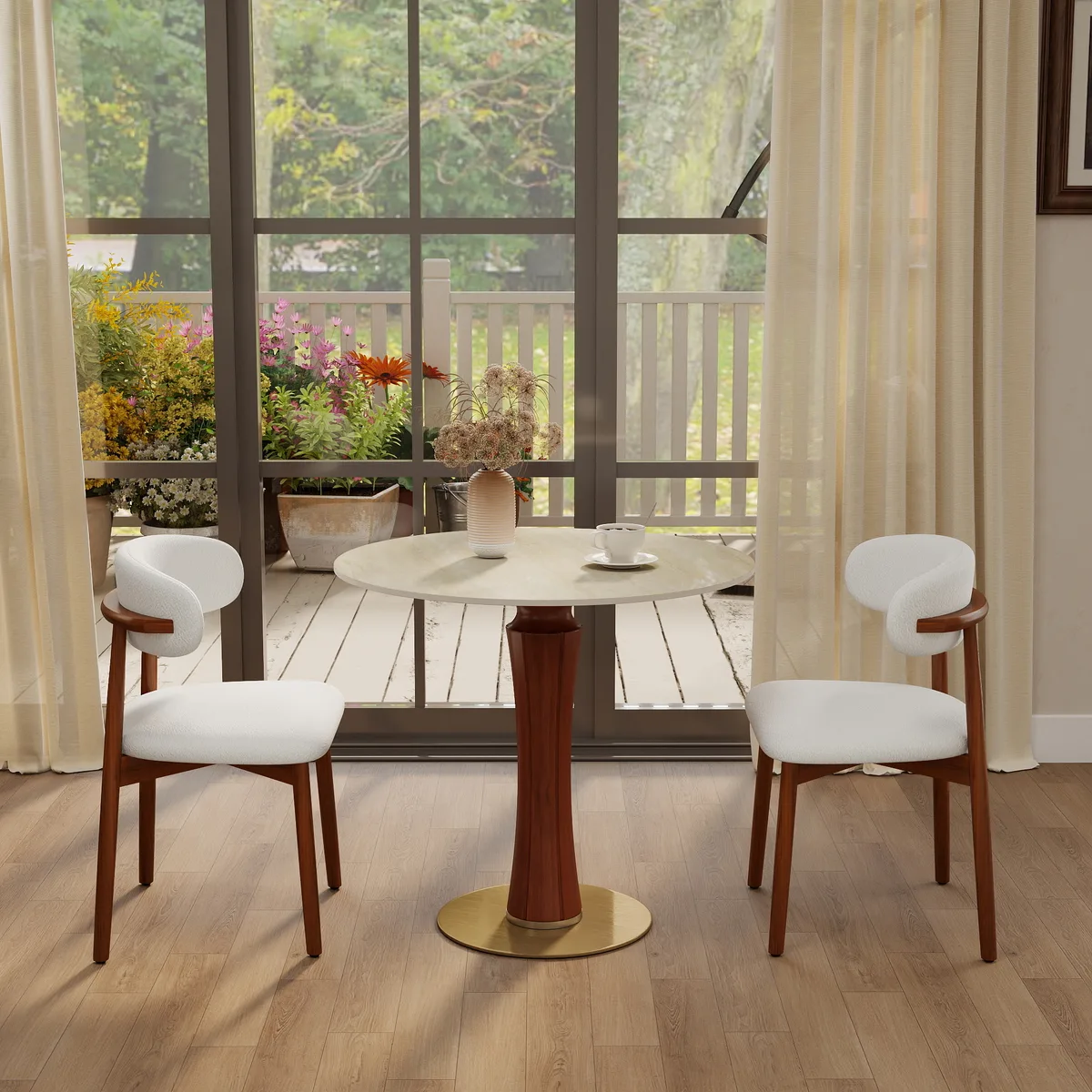 Round Sintered Stone Dining Table with Matte White Wood Pedestal Base — view 2