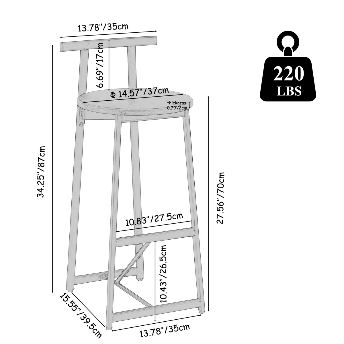 Bar Stool Set of 3 Counter Height Barstools with Back Armless Dining Chairs for — view 3