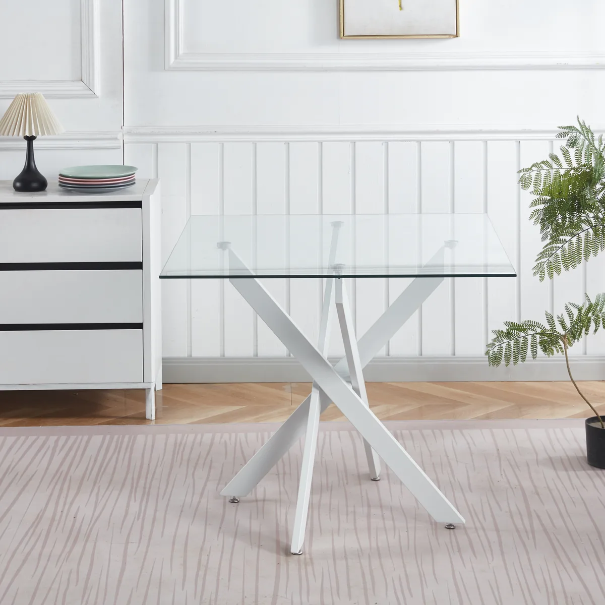 Dining Table with Cross Metal Leg and Tempered Glass — view 2