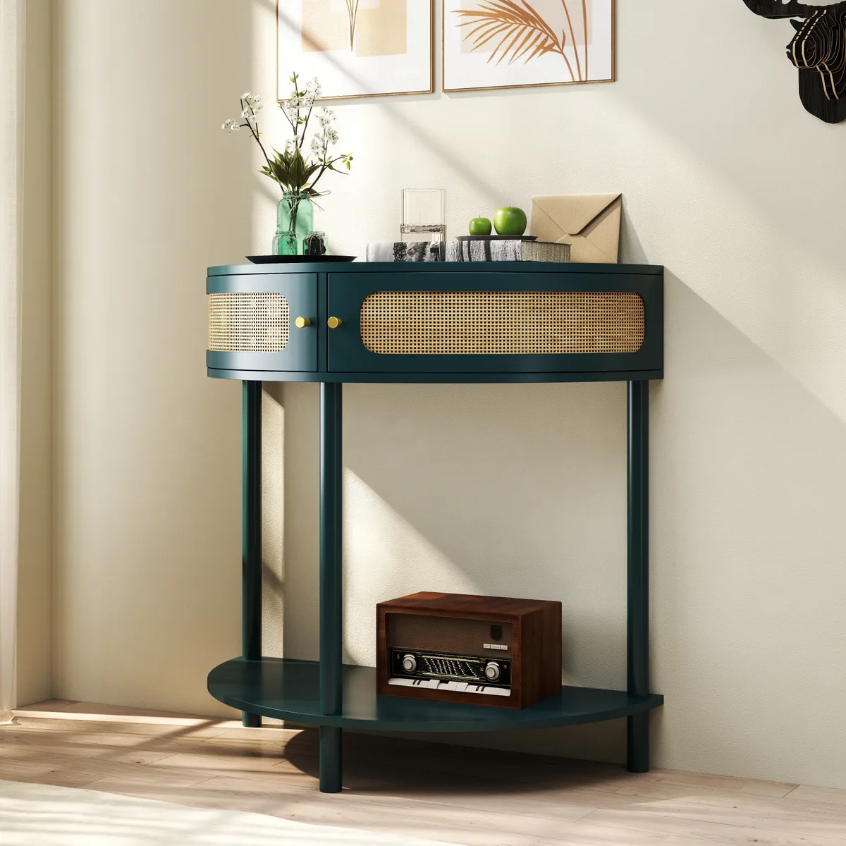 Unique Half Moon Design End Table with Sliding Rattan Door — view 1