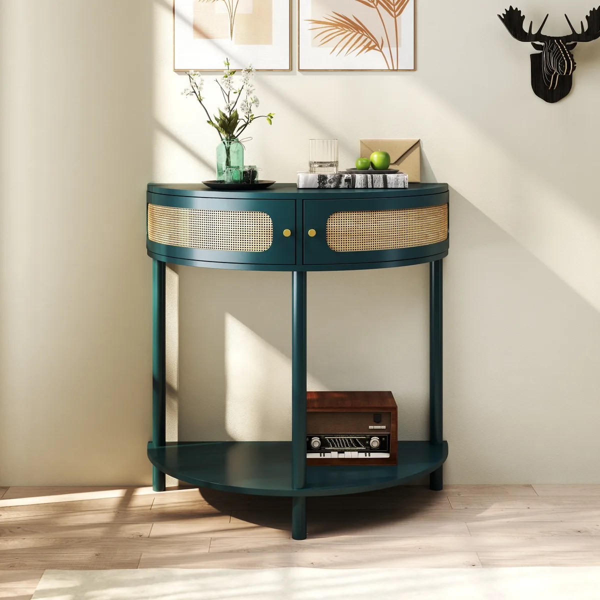 Unique Half Moon Design End Table with Sliding Rattan Door — view 2