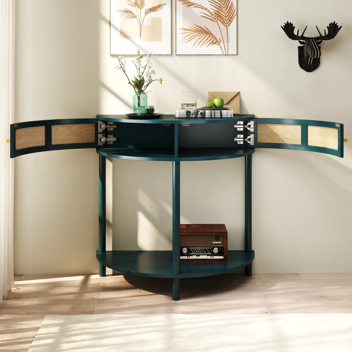 Unique Half Moon Design End Table with Sliding Rattan Door — view 3