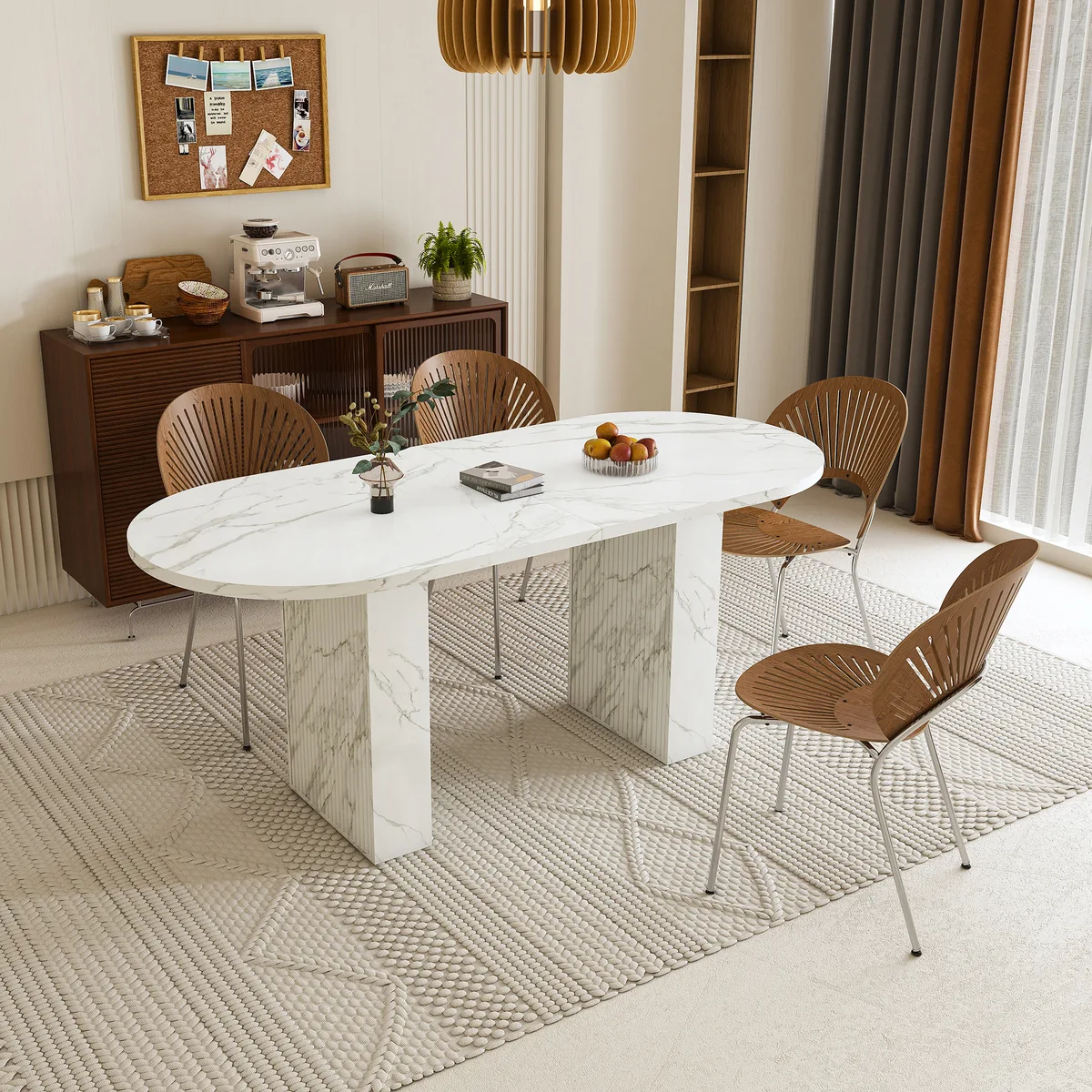 Modern White Oval Dining Table 63 Inch Pedestal Base Seats 4 — view 1
