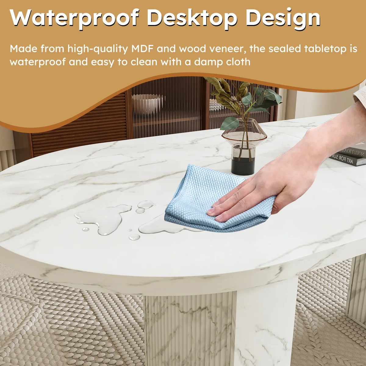 Modern White Oval Dining Table 63 Inch Pedestal Base Seats 4 — view 4