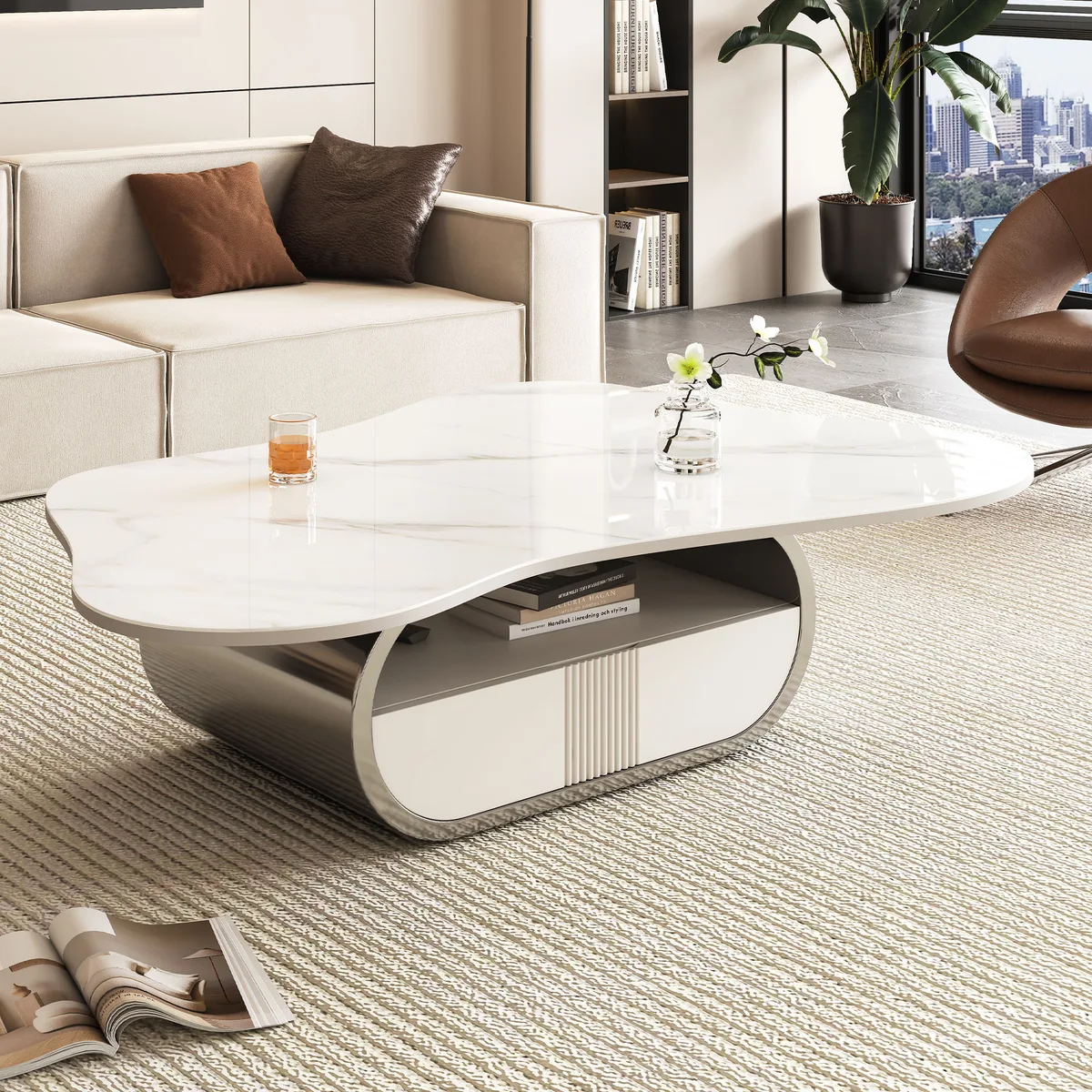 Modern Butterfly Coffee Table with Sintered Stone Top – Oval Center Table with — view 1