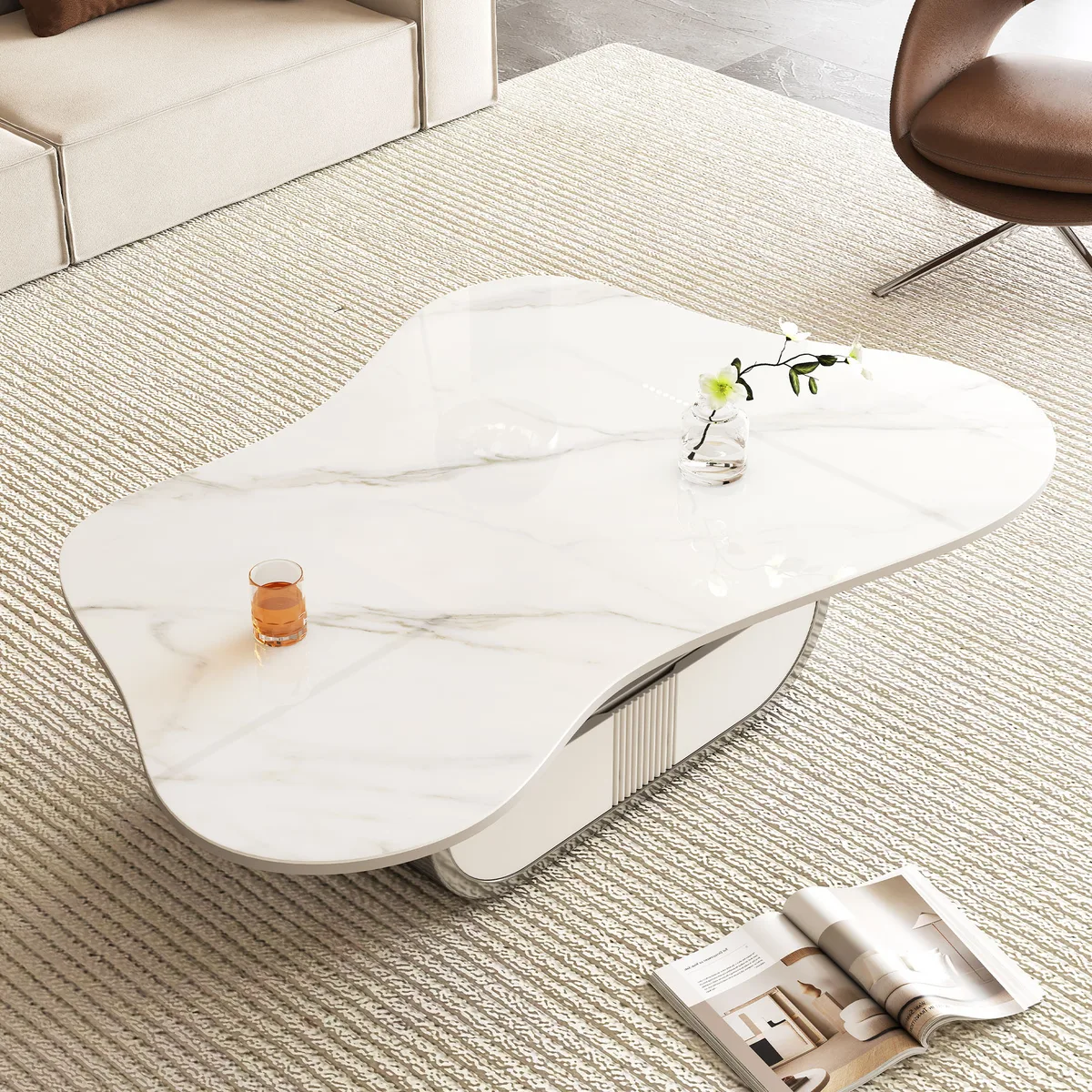 Modern Butterfly Coffee Table with Sintered Stone Top – Oval Center Table with — view 3