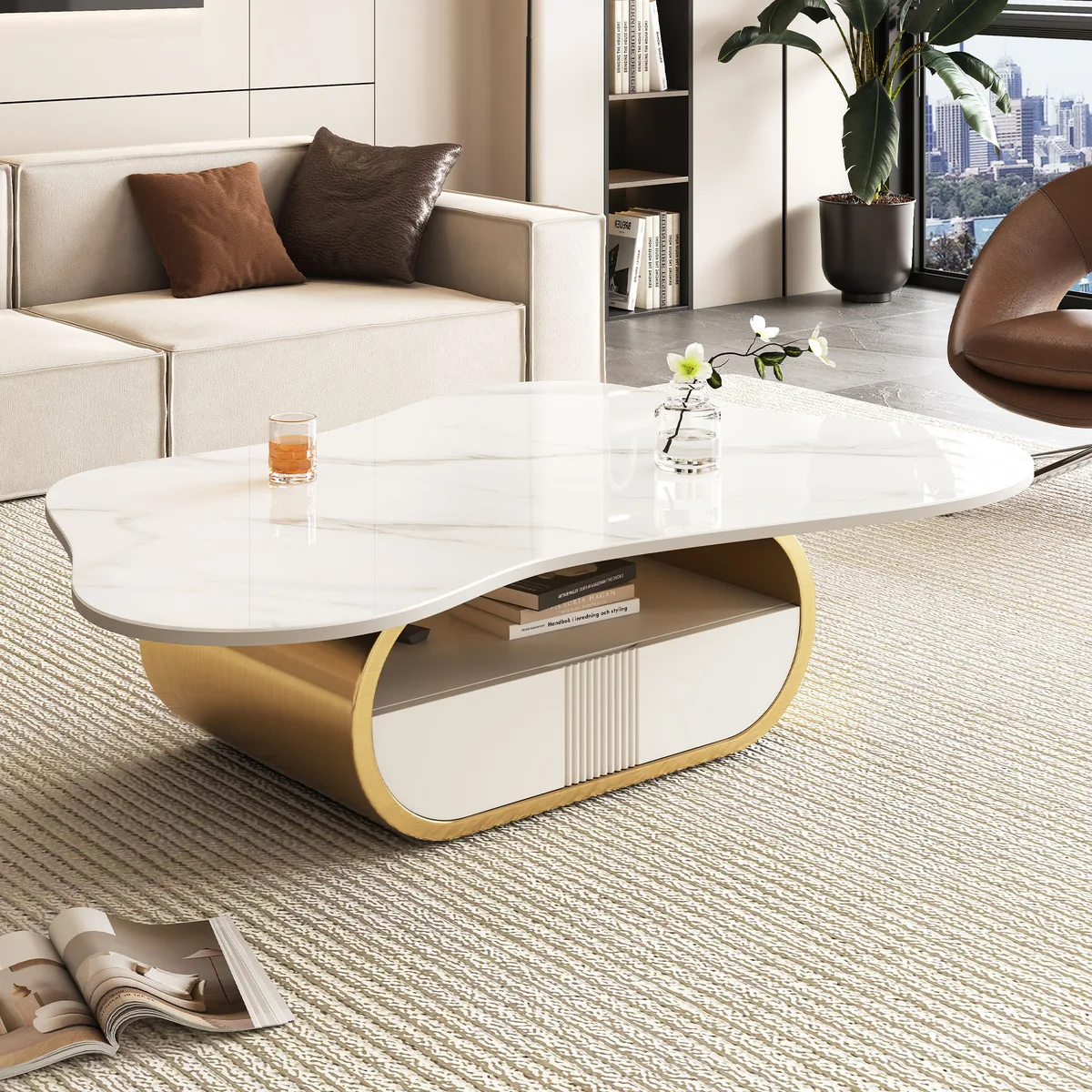 Modern Butterfly Coffee Table with Sintered Stone Top – Oval Center Table with — view 1