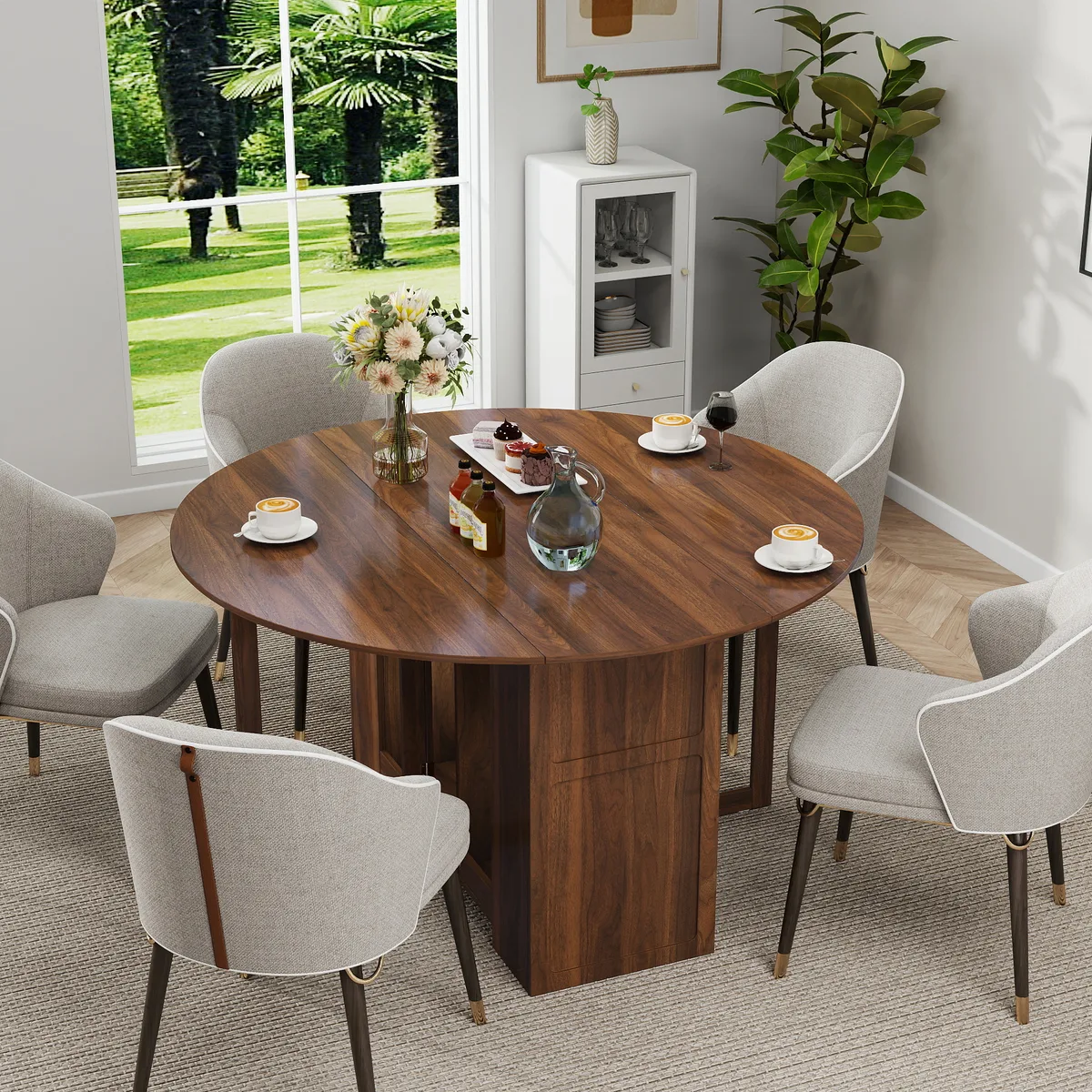 Walnut Round Drop Leaf Folding Dining Table, 55 Inch Pedestal — view 1