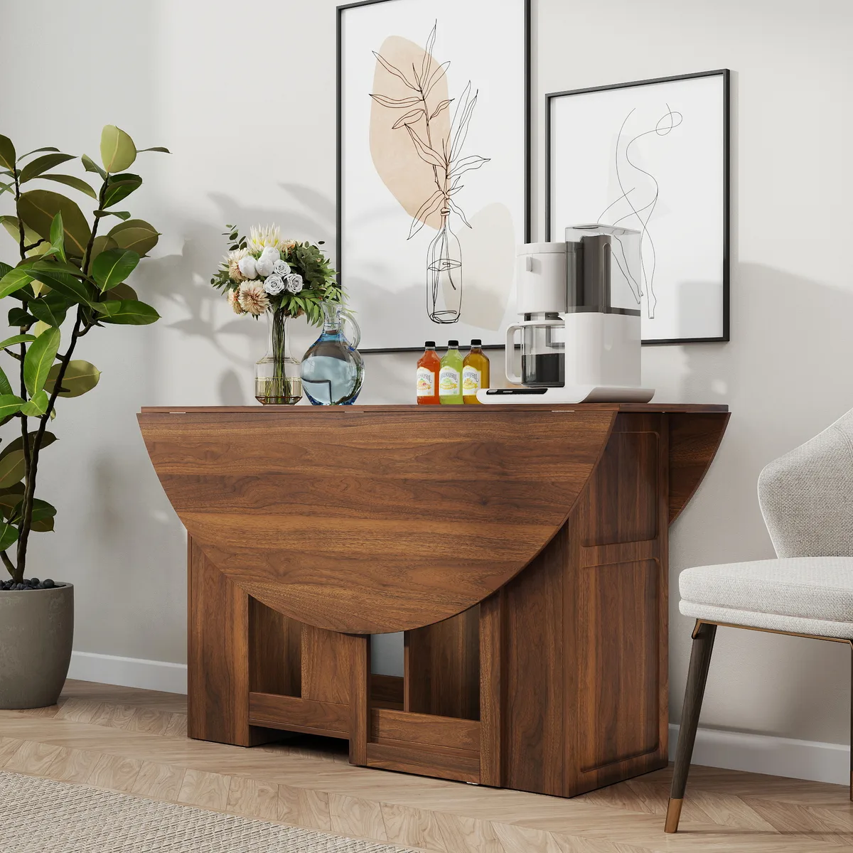 Walnut Round Drop Leaf Folding Dining Table, 55 Inch Pedestal — view 2