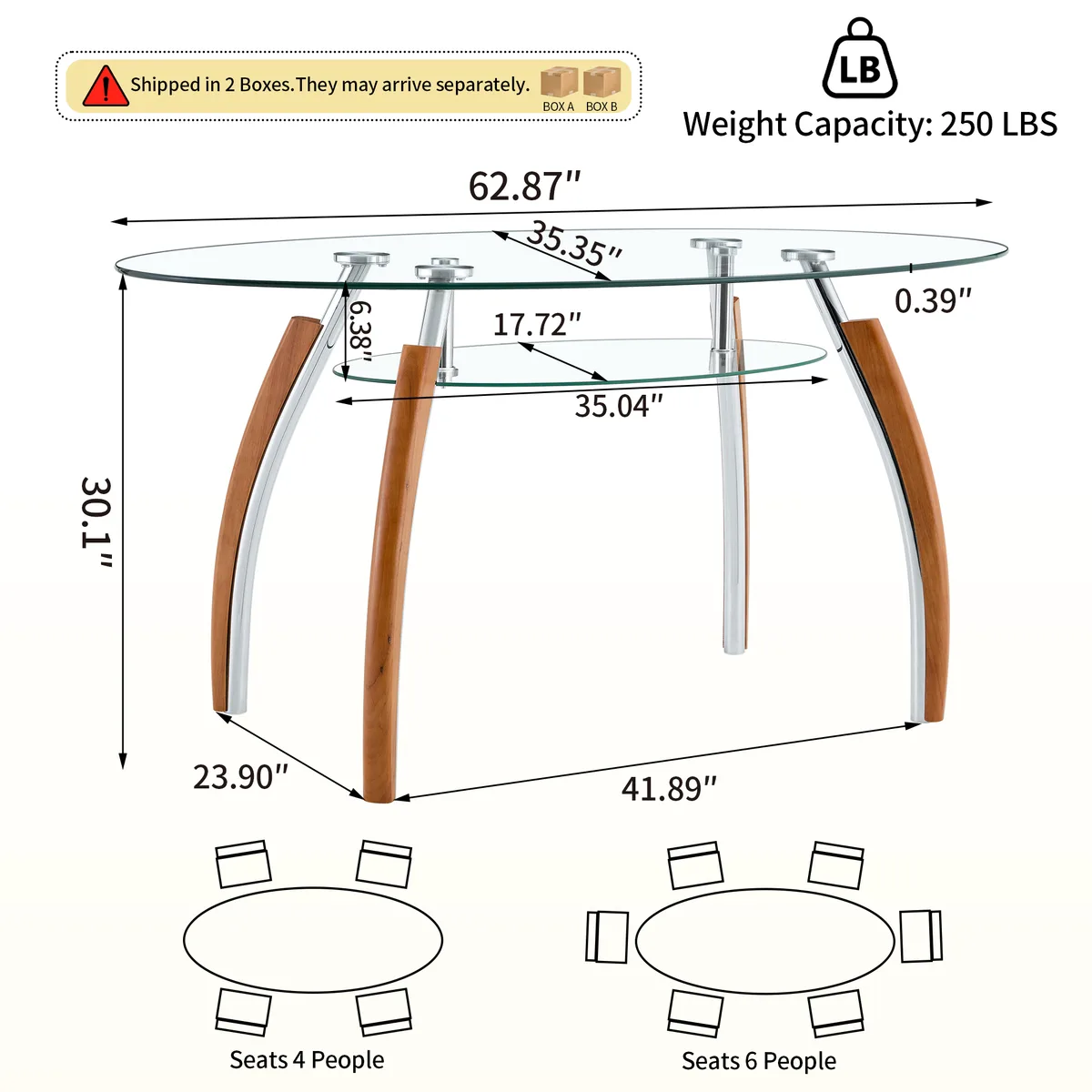 Mid - Century Modern Oval Glass Dining Table with Oak Wood Legs, Seats 6 — view 2