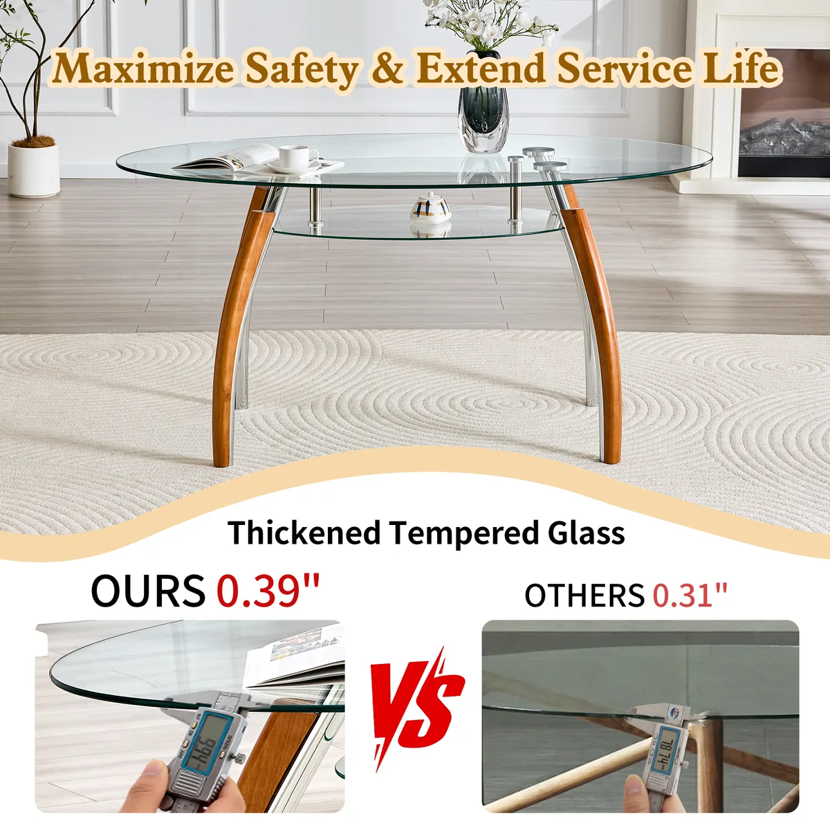 Mid - Century Modern Oval Glass Dining Table with Oak Wood Legs, Seats 6 — view 3