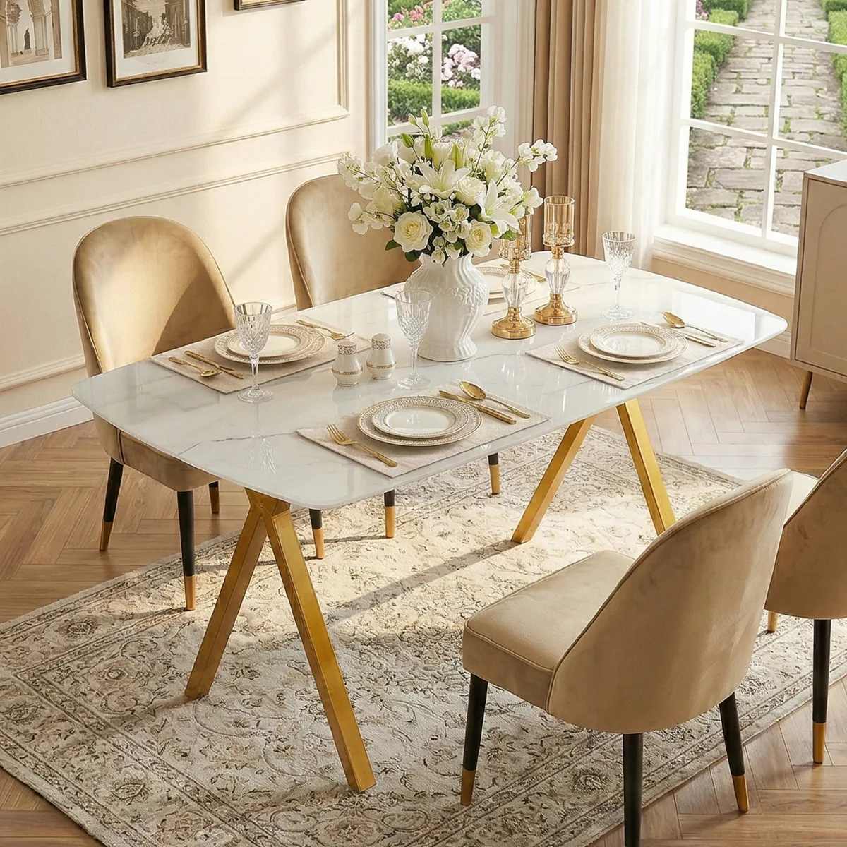 51 Inch Rectangular Glass Dining Table with Gold V - Shaped Legs — view 2