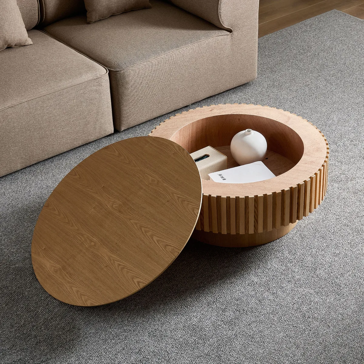 31.49'' Round Wood Coffee Table with Storage for Living Room — view 2