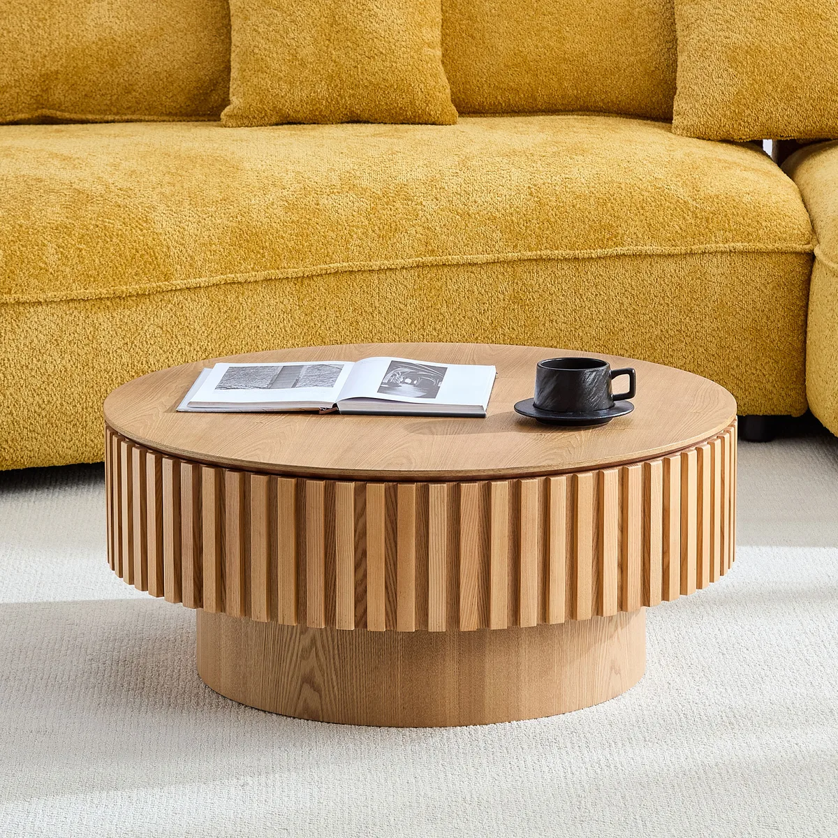 31.49'' Round Wood Coffee Table with Storage for Living Room — view 4