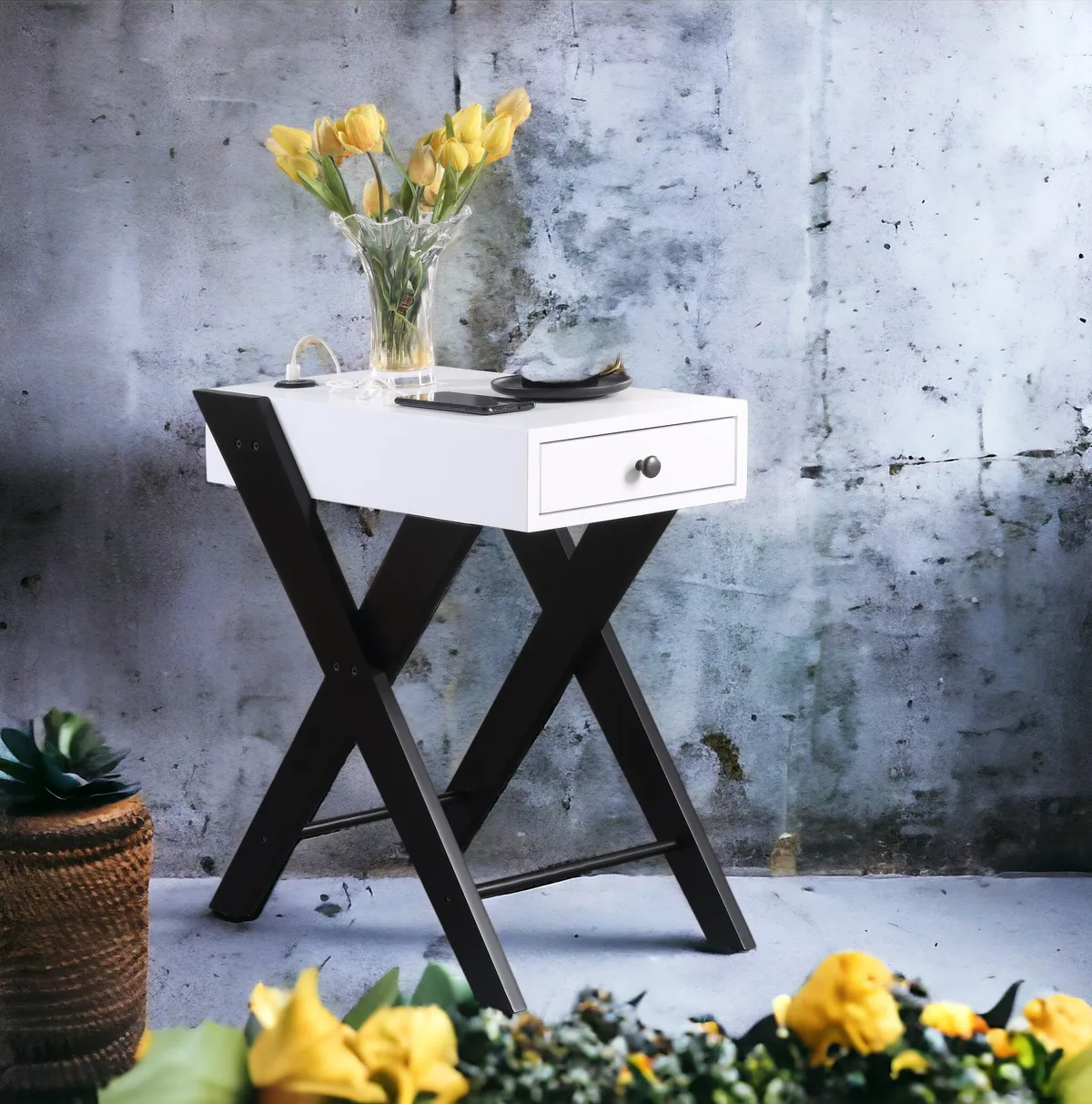 Fierce Side Table (USB Charging Dock), White & Black 97738 — view 1