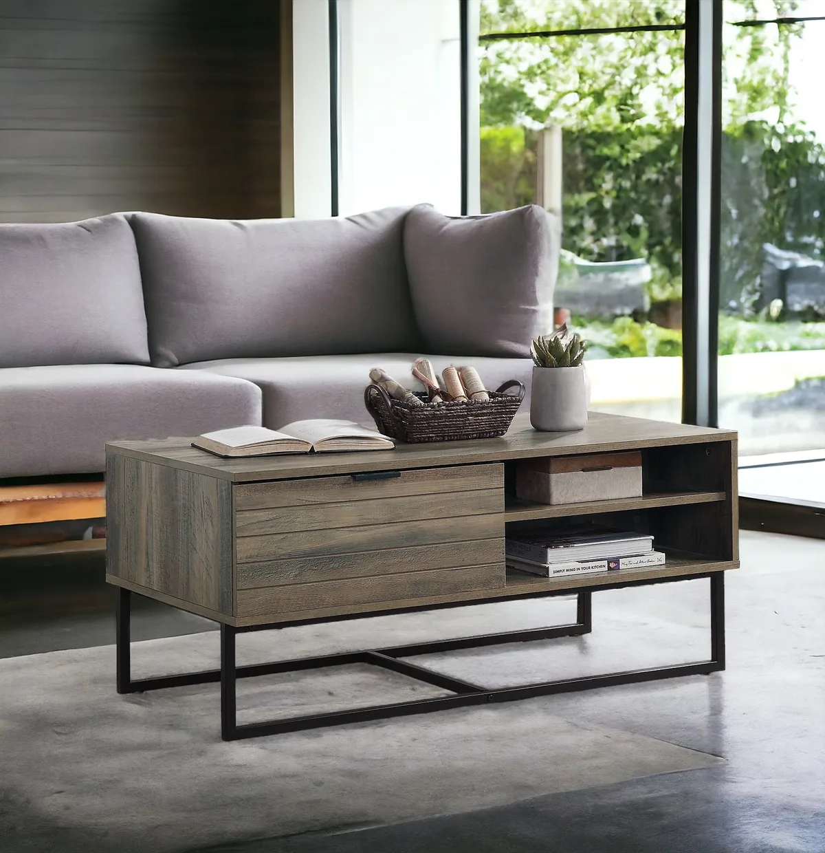 Homare Coffee Table, Rustic Oak & Black Finish — view 4