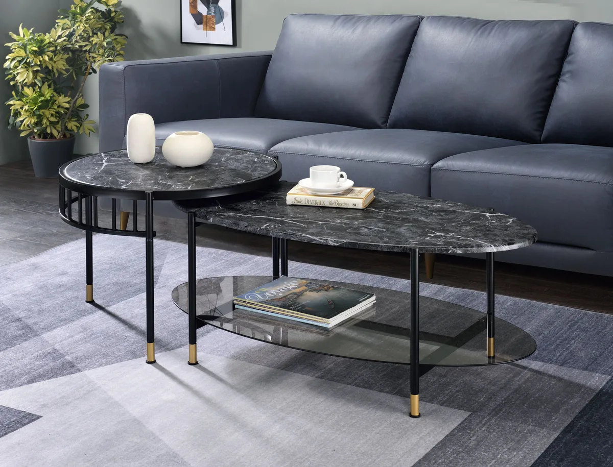 Silas Nesting Coffee Table, Faux Marble Top & Black Finish — view 1