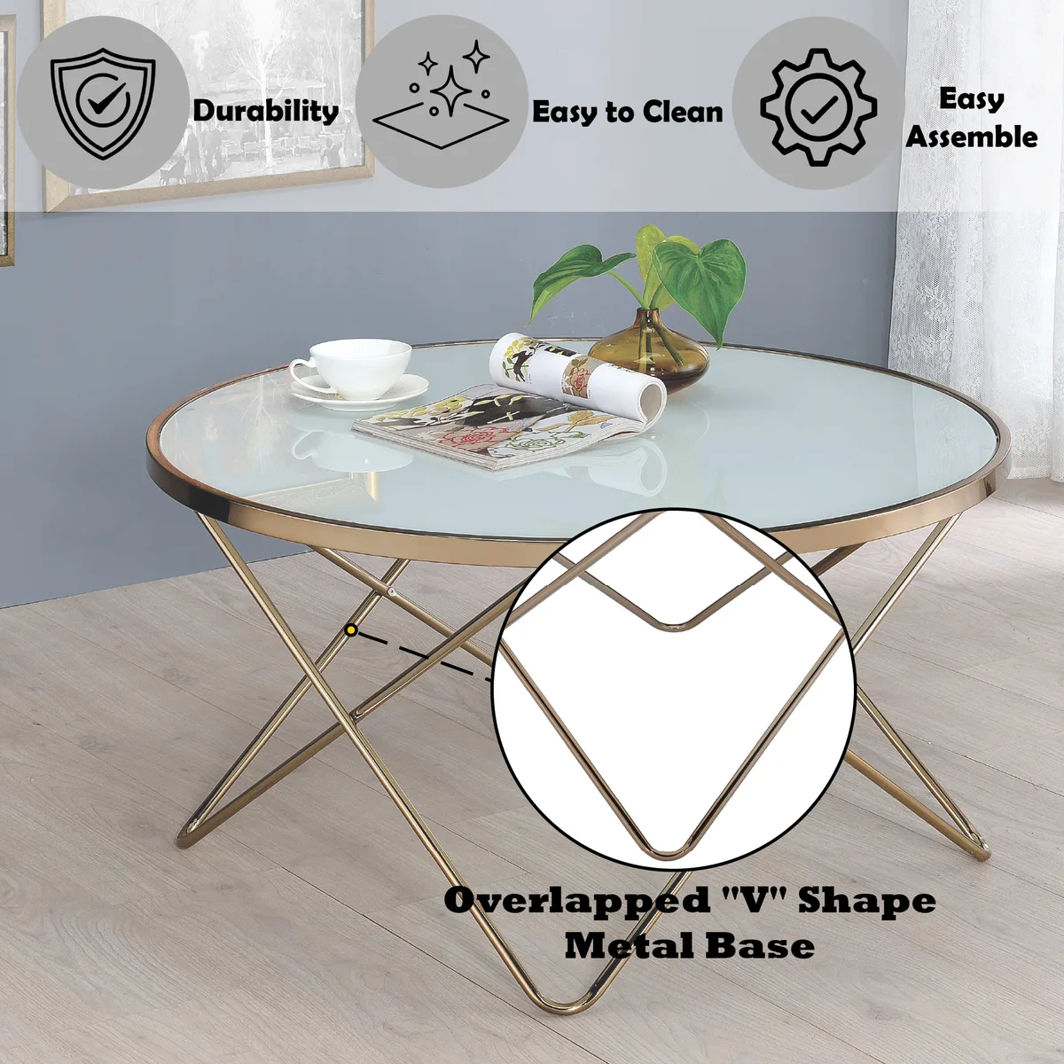 Valora Champagne Finish Coffee Table with Frosted Glass Top — view 4