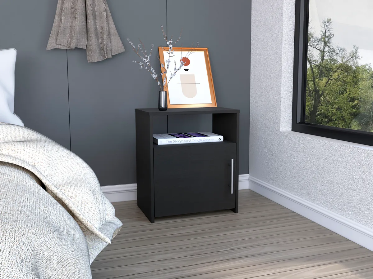 Nordico Nightstand, One Shelf, Single Door Cabinet, Metal Handle - Black — view 1