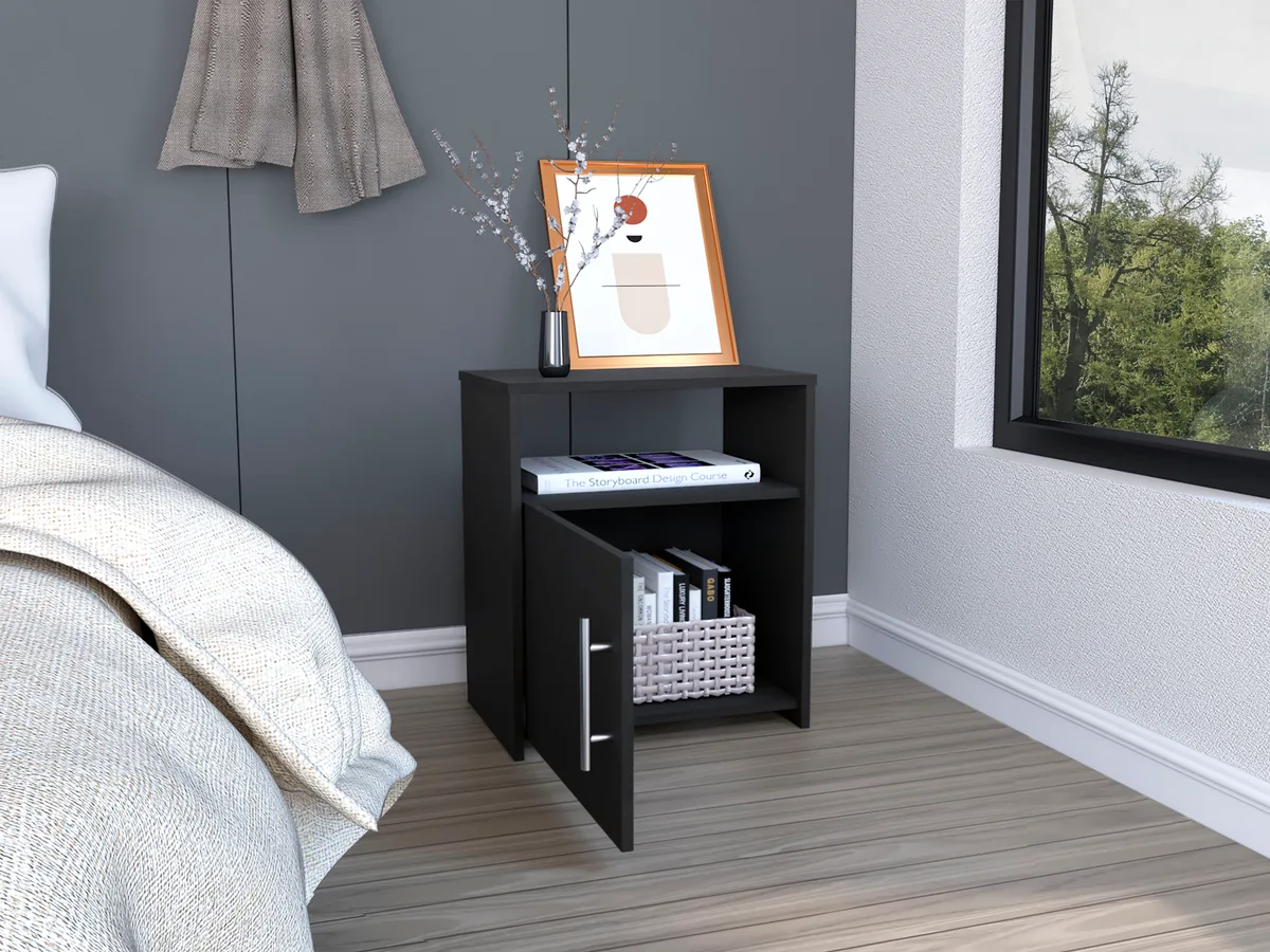 Nordico Nightstand, One Shelf, Single Door Cabinet, Metal Handle - Black — view 2
