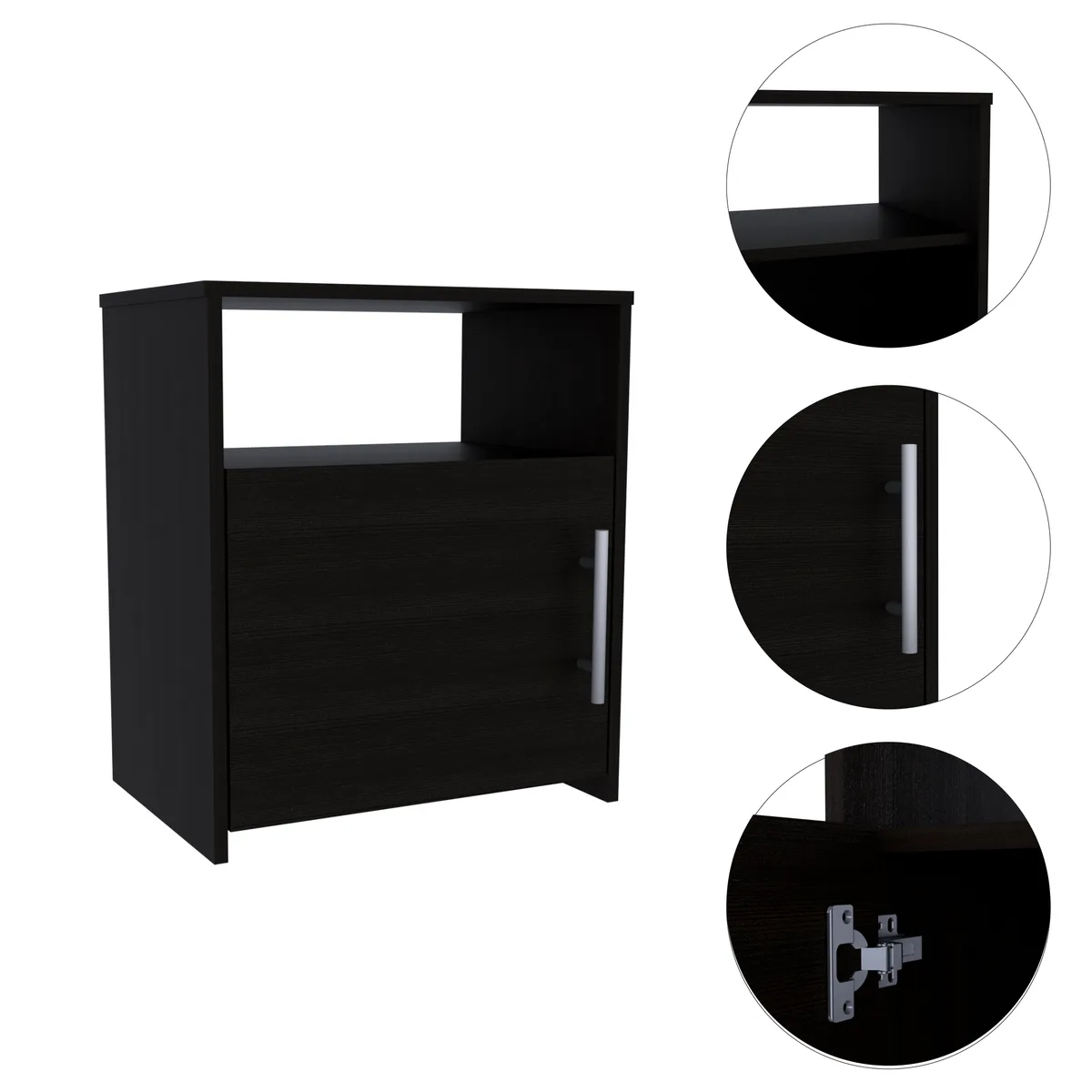Nordico Nightstand, One Shelf, Single Door Cabinet, Metal Handle - Black — view 3