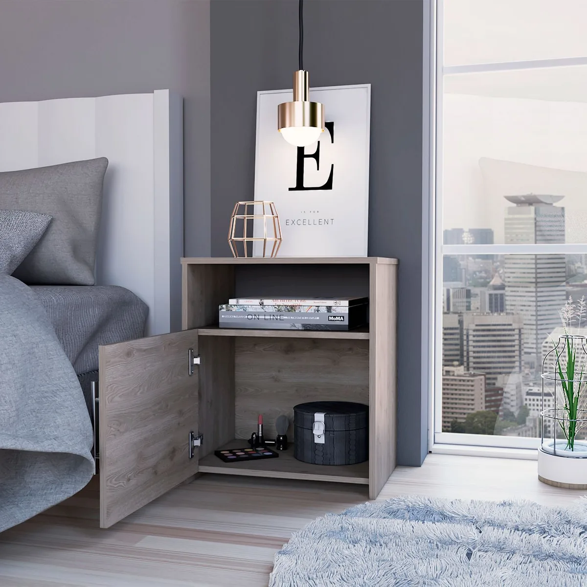 Metal Gray Nightstand Single Door Cabinet Handle One Shelf Superior Top — view 2