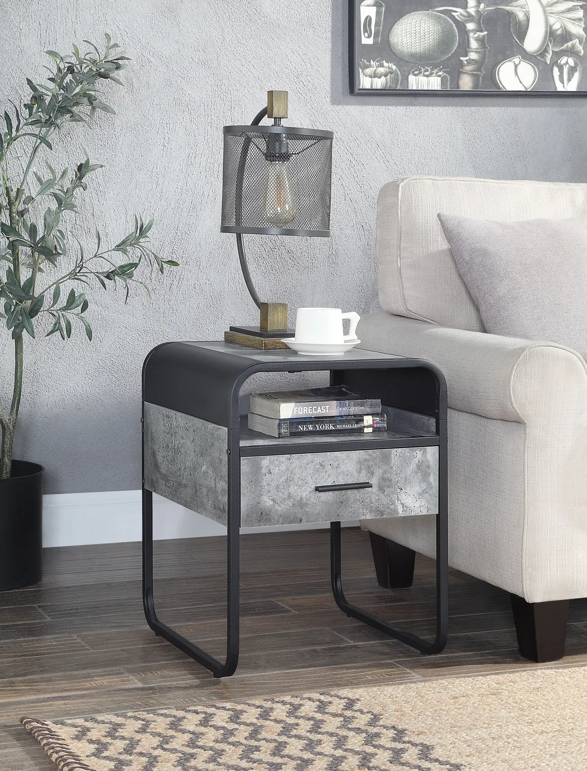 Raziela End Table w/Drawer, Concrete Gray & Black Finish — view 1