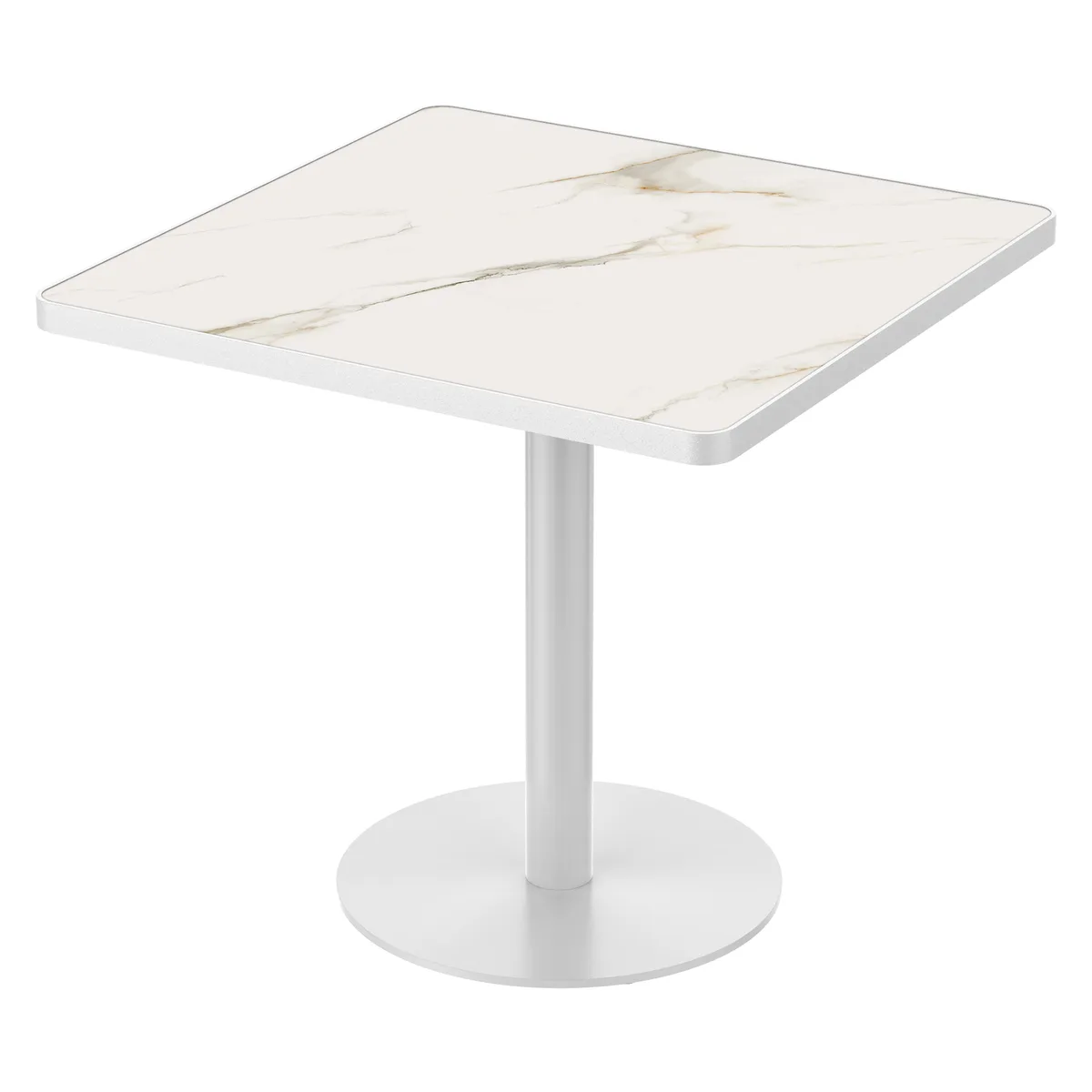 White Square Sintered Stone Dining Table with Stainless Steel Pedestal Base — view 1