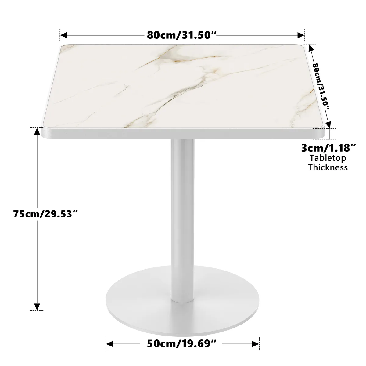White Square Sintered Stone Dining Table with Stainless Steel Pedestal Base — view 2