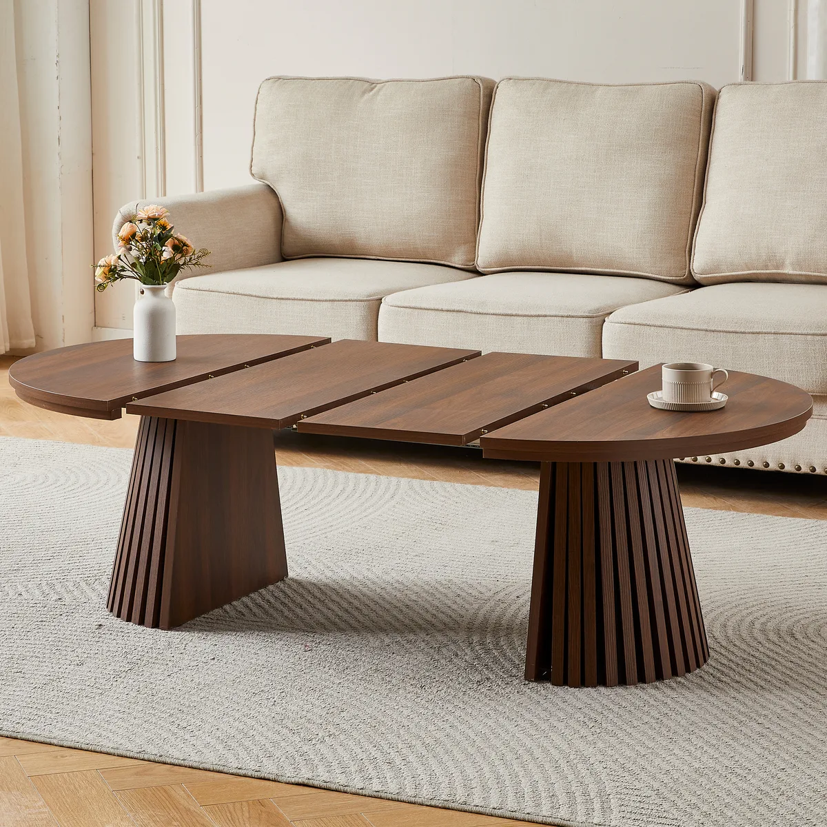 Walnut Oval Extendable Dining Table with Pedestal Base, MDF — view 1