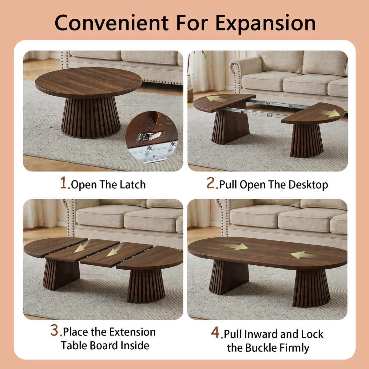 Walnut Oval Extendable Dining Table with Pedestal Base, MDF — view 3